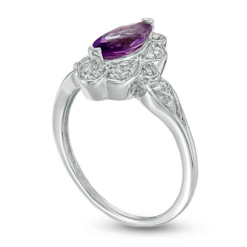 Marquise Amethyst and Natural Diamond Accent Scallop Frame Ring in Sterling Silver