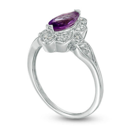 Marquise Amethyst and Natural Diamond Accent Scallop Frame Ring in Sterling Silver