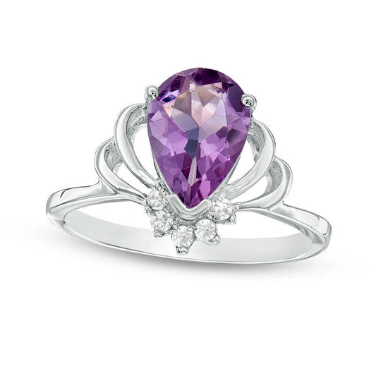 Pear-Shaped Amethyst and 0.07 CT. T.W. Natural Diamond Crown Ring in Sterling Silver