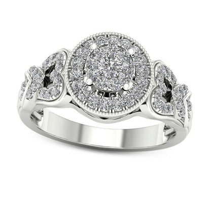 0.50 CT. T.W. Natural Diamond Double Frame Heart-Sides Antique Vintage-Style Engagement Ring in Solid 14K White Gold