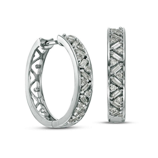 0.5 CT. T.W. Baguette and Round Diamond Hoop Earrings in 10K White Gold
