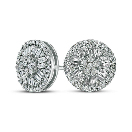 0.5 CT. T.W. Composite Baguette and Round Diamond Frame Stud Earrings in 10K White Gold