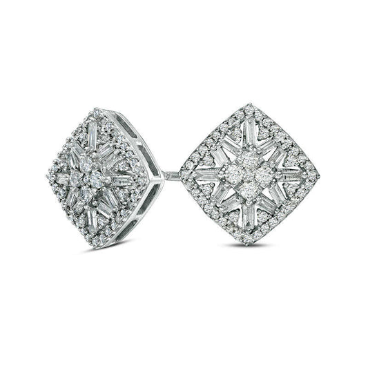 0.5 CT. T.W. Composite Baguette and Round Diamond Cushion Frame Stud Earrings in 10K White Gold