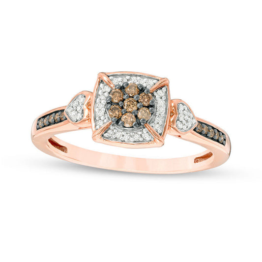 0.20 CT. T.W. Champagne and White Composite Natural Diamond Cushion Frame Promise Ring in Solid 10K Rose Gold