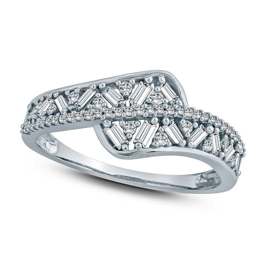 0.38 CT. T.W. Baguette and Round Natural Diamond Bypass Ring in Solid 10K White Gold