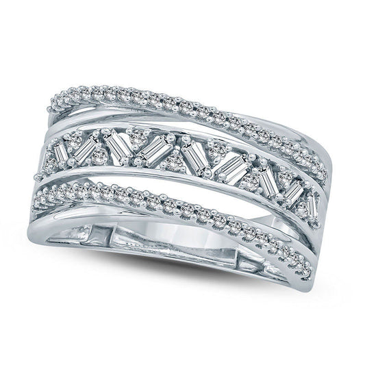 0.38 CT. T.W. Baguette and Round Natural Diamond Crossover Ring in Solid 10K White Gold