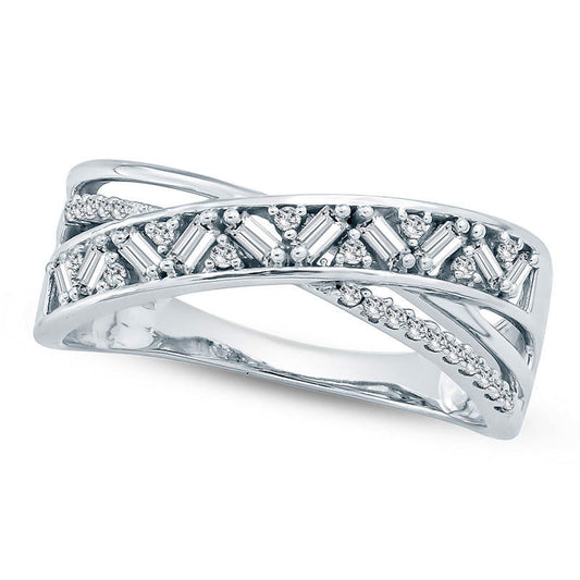 0.25 CT. T.W. Baguette and Round Natural Diamond Crossover Ring in Solid 10K White Gold