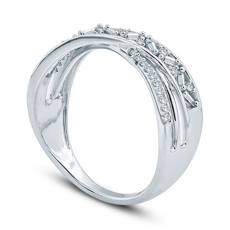 0.25 CT. T.W. Baguette and Round Natural Diamond Crossover Ring in Solid 10K White Gold