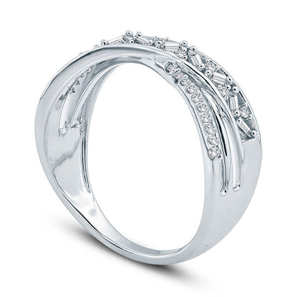 0.25 CT. T.W. Baguette and Round Natural Diamond Crossover Ring in Solid 10K White Gold