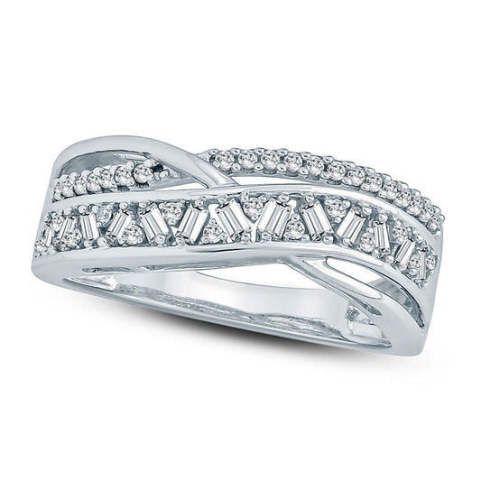 0.33 CT. T.W. Baguette and Round Natural Diamond Crossover Ring in Solid 10K White Gold