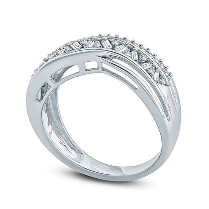 0.33 CT. T.W. Baguette and Round Natural Diamond Crossover Ring in Solid 10K White Gold
