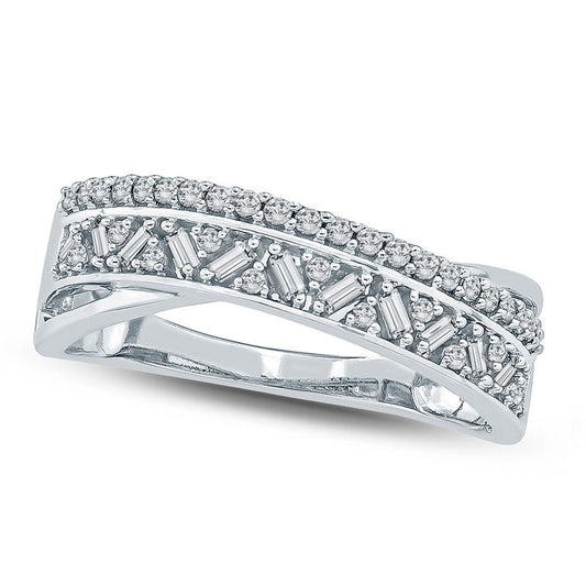 0.33 CT. T.W. Baguette and Round Natural Diamond Crossover Ring in Solid 10K White Gold