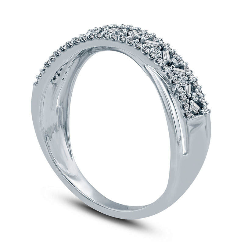 0.33 CT. T.W. Baguette and Round Natural Diamond Crossover Ring in Solid 10K White Gold