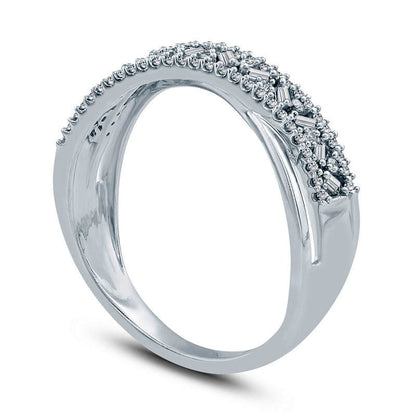 0.33 CT. T.W. Baguette and Round Natural Diamond Crossover Ring in Solid 10K White Gold