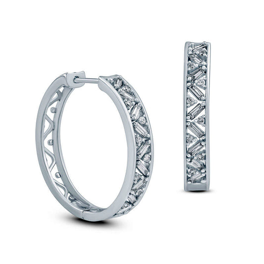 0.2 CT. T.W. Baguette and Round Diamond Hoop Earrings in 10K White Gold