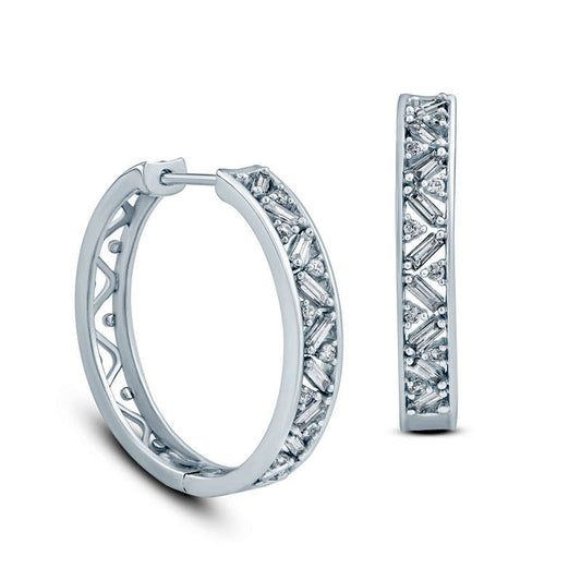 0.33 CT. T.W. Baguette and Round Diamond Hoop Earrings in 10K White Gold
