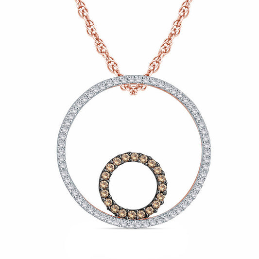 0.2 CT. T.W. Champagne and White Natural Diamond Double Circle Pendant in 10K Rose Gold