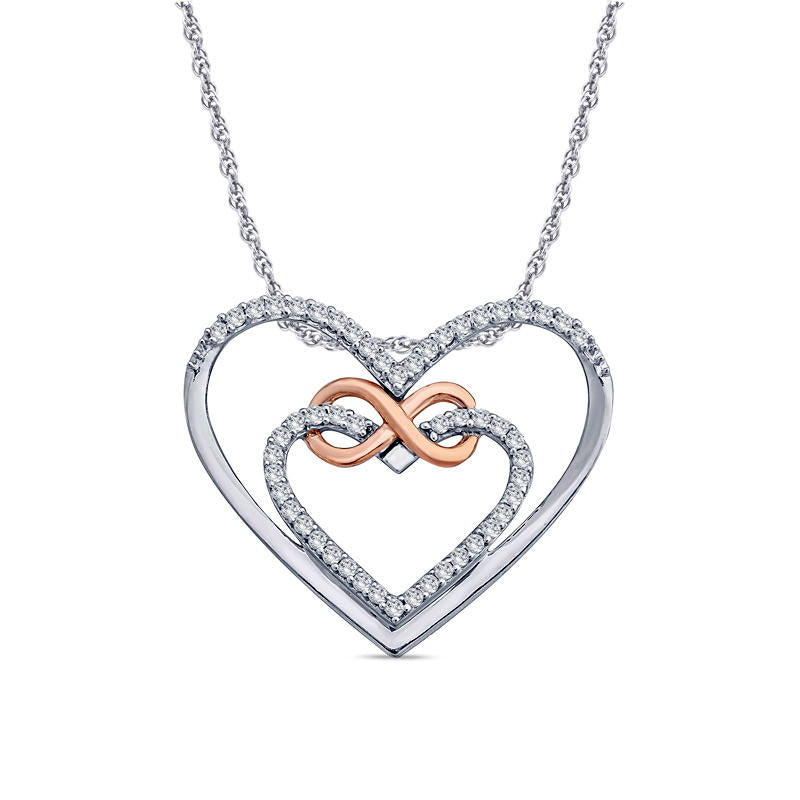 0.1 CT. T.W. Natural Diamond Infinity Double Heart Pendant in Sterling Silver and 10K Rose Gold