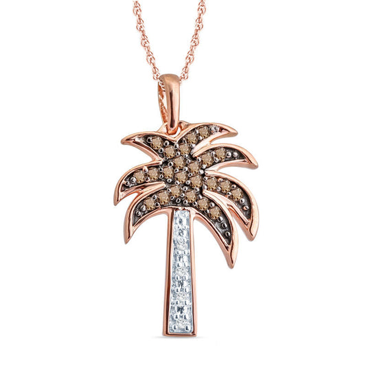 0.1 CT. T.W. Champagne and White Natural Diamond Palm Tree Pendant in 10K Rose Gold