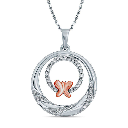 0.17 CT. T.W. Natural Diamond Butterfly Double Circle Pendant in Sterling Silver and 10K Rose Gold