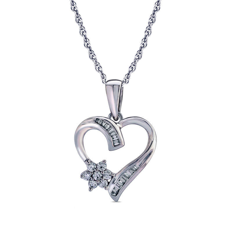 0.2 CT. T.W. Natural Diamond Baguette and Round Heart Pendant in 10K White Gold