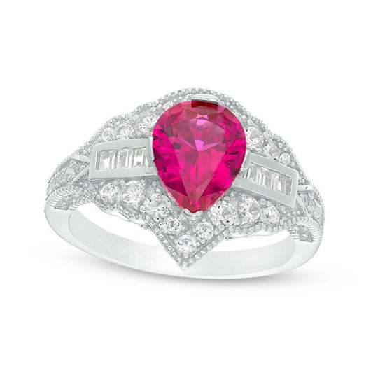 Pear-Shaped Lab-Created Ruby and White Sapphire Antique Vintage-Style Ring in Sterling Silver