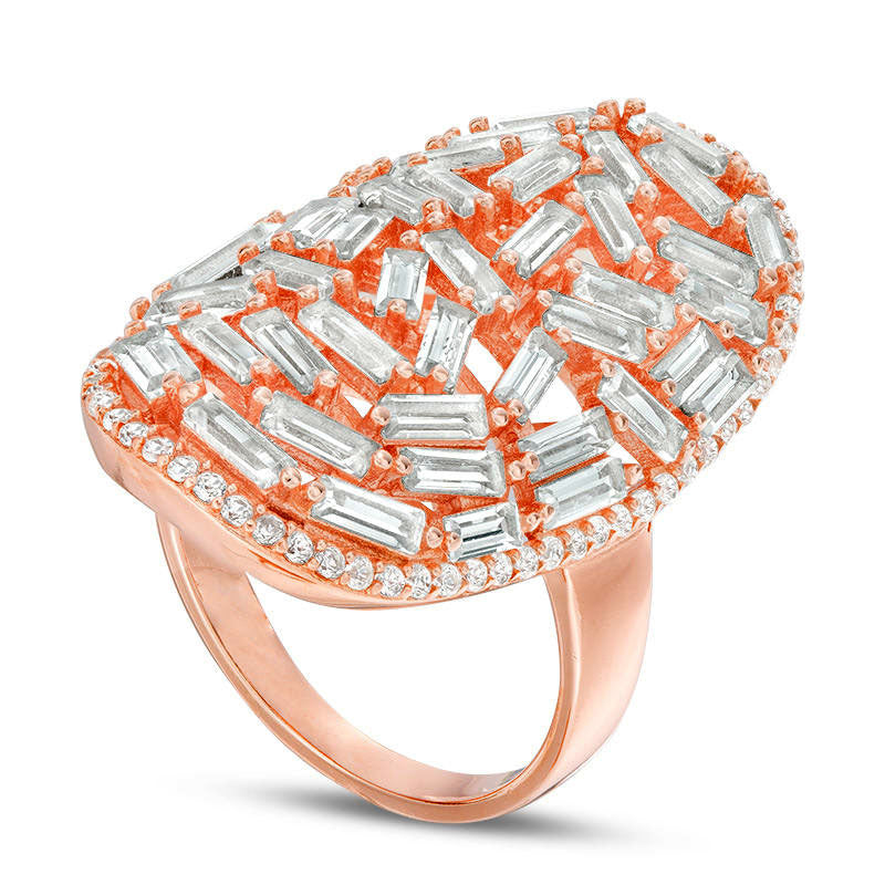 Baguette and Round Lab-Created White Sapphire Elongated Oval Cluster Ring in Sterling Silver with Solid 14K Rose Gold Plate