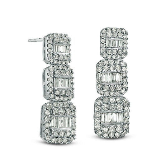 1.5 CT. T.W. Composite Baguette and Round Diamond Drop Earrings in 10K White Gold