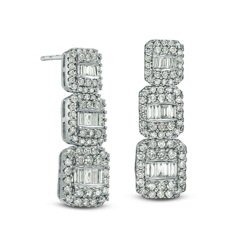 1.5 CT. T.W. Composite Baguette and Round Diamond Drop Earrings in 10K White Gold
