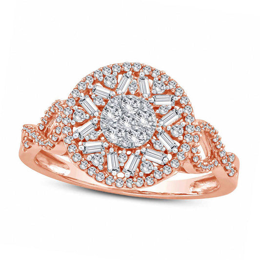 0.50 CT. T.W. Composite Baguette and Round Natural Diamond Frame Ring in Solid 10K Rose Gold
