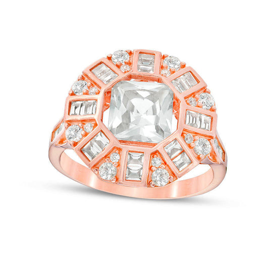 7.0mm Princess-Cut Lab-Created White Sapphire Art Deco Ring in Sterling Silver with Solid 14K Rose Gold Plate