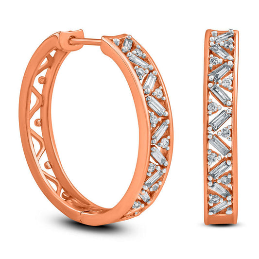 0.2 CT. T.W. Baguette and Round Diamond Hoop Earring in 10K Rose Gold