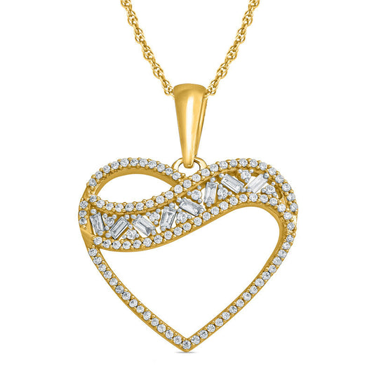 0.33 CT. T.W. Baguette and Round Natural Diamond Heart Pendant in 10K Yellow Gold