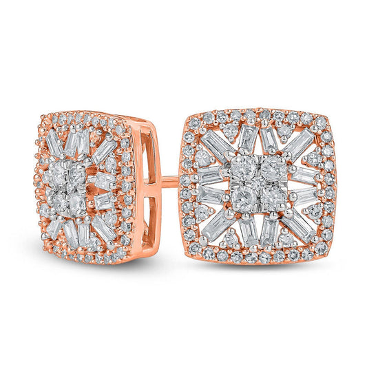 0.5 CT. T.W. Composite Baguette and Round Diamond Cushion Frame Stud Earrings in 10K Rose Gold