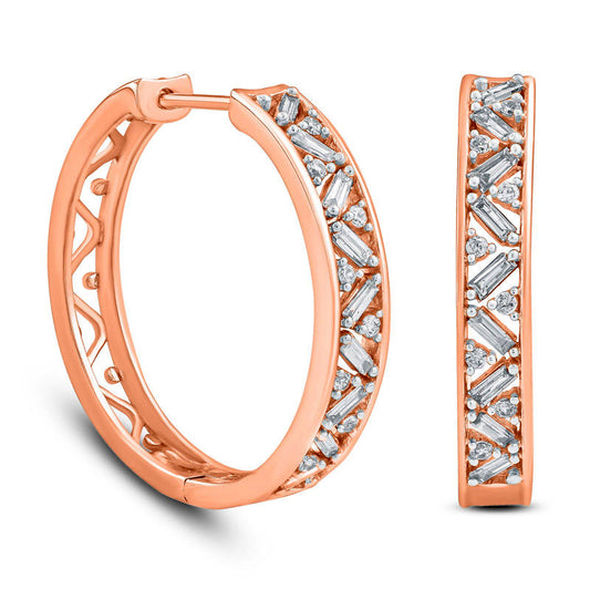 0.33 CT. T.W. Baguette and Round Diamond Hoop Earrings in 10K Rose Gold
