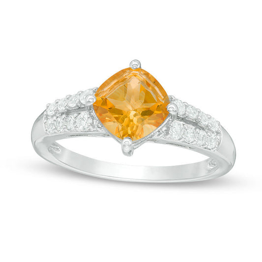 7.0mm Cushion-Cut Citrine and Lab-Created White Sapphire Split Shank Ring in Sterling Silver
