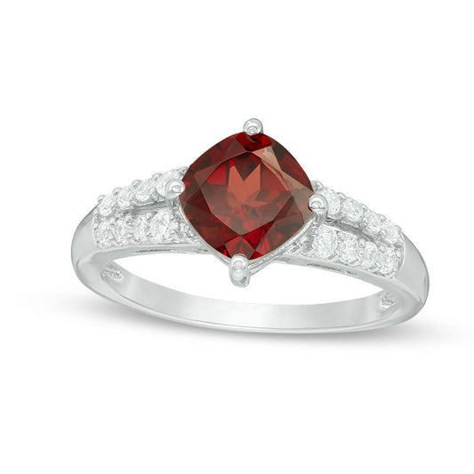 7.0mm Cushion-Cut Garnet and Lab-Created White Sapphire Split Shank Ring in Sterling Silver