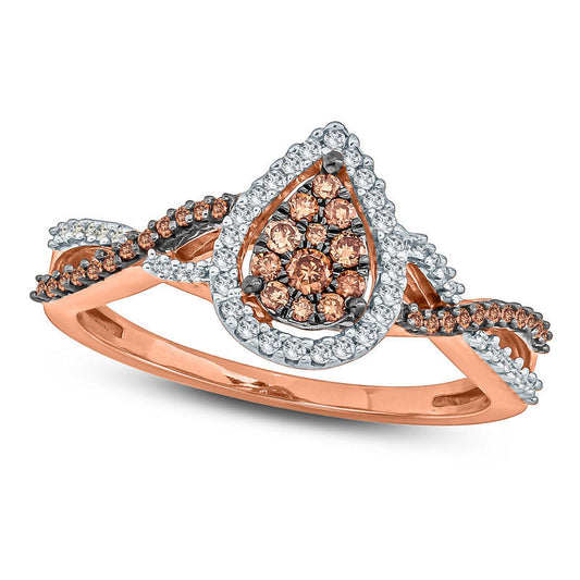 0.33 CT. T.W. Champagne and White Natural Diamond Pear-Shaped Frame Twist Ring in Solid 10K Rose Gold