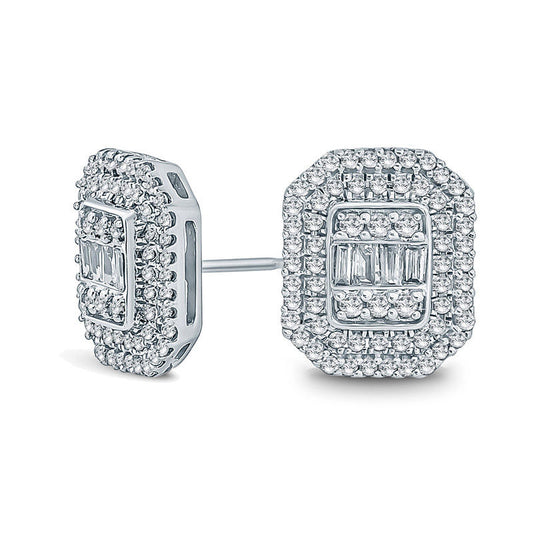 0.5 CT. T.W. Composite Baguette and Round Diamond Octagon Frame Stud Earrings in 10K White Gold