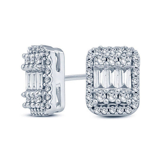 0.5 CT. T.W. Composite Baguette and Round Diamond Cushion Frame Stud Earrings in 10K White Gold