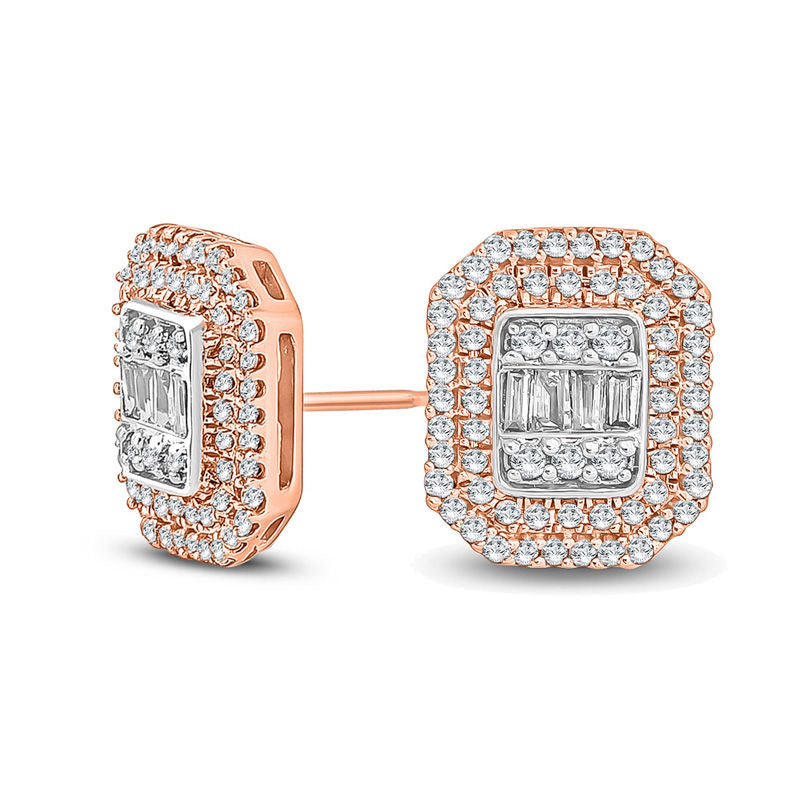 0.5 CT. T.W. Composite Baguette and Round Diamond Octagon Frame Stud Earrings in 10K Rose Gold
