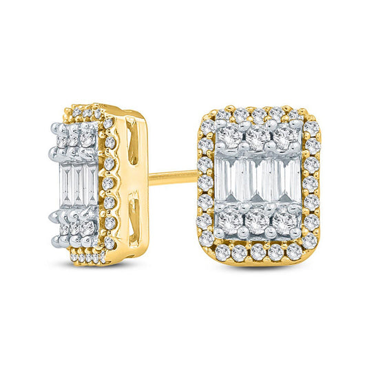 0.5 CT. T.W. Composite Baguette and Round Diamond Cushion Frame Stud Earrings in 10K Gold