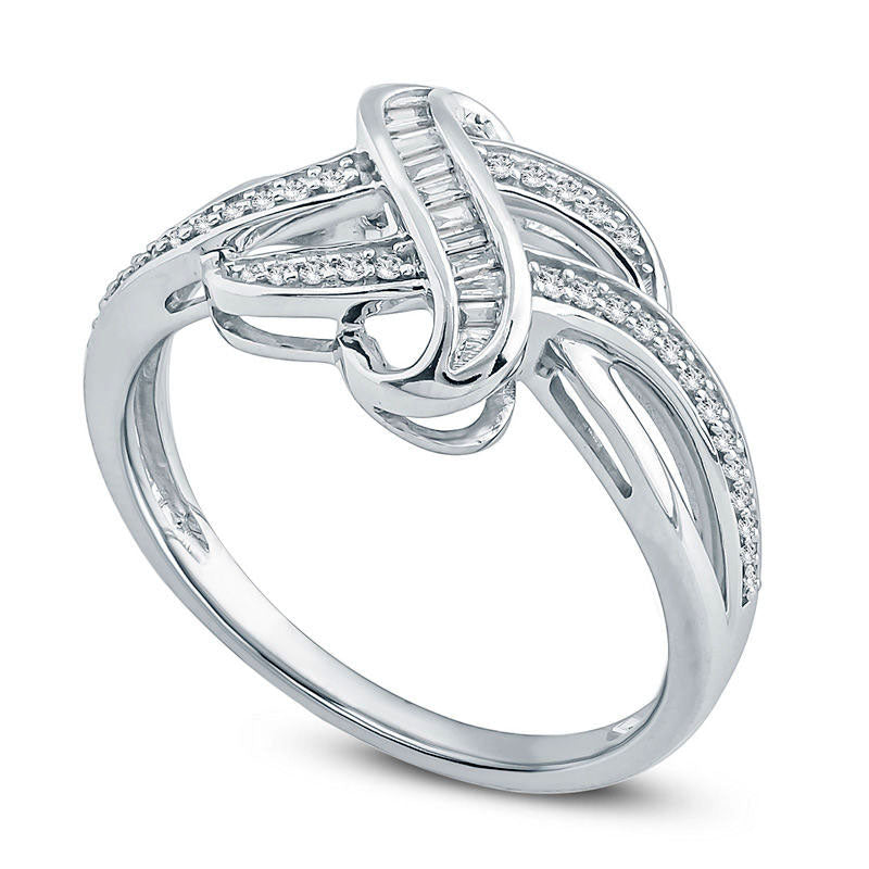 0.20 CT. T.W. Baguette and Round Natural Diamond Crossover Ring in Sterling Silver