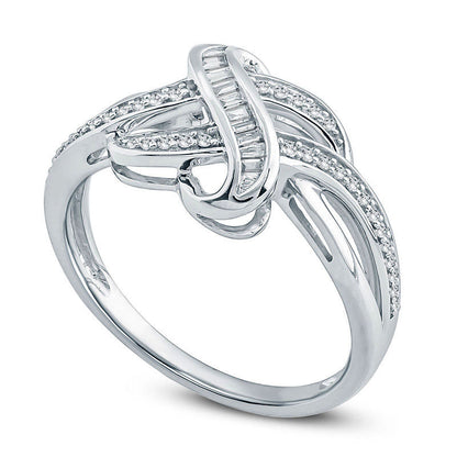 0.20 CT. T.W. Baguette and Round Natural Diamond Crossover Ring in Sterling Silver