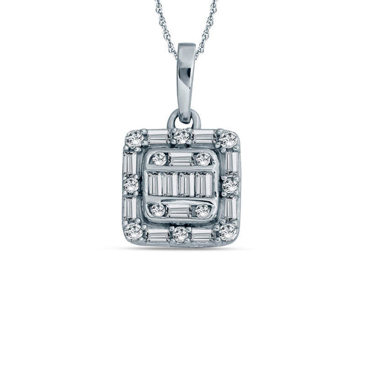 0.25 CT. T.W. Baguette and Round Natural Diamond Cushion Frame Pendant in 10K White Gold