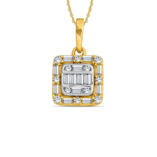 0.25 CT. T.W. Baguette and Round Natural Diamond Cushion Frame Pendant in 10K Yellow Gold
