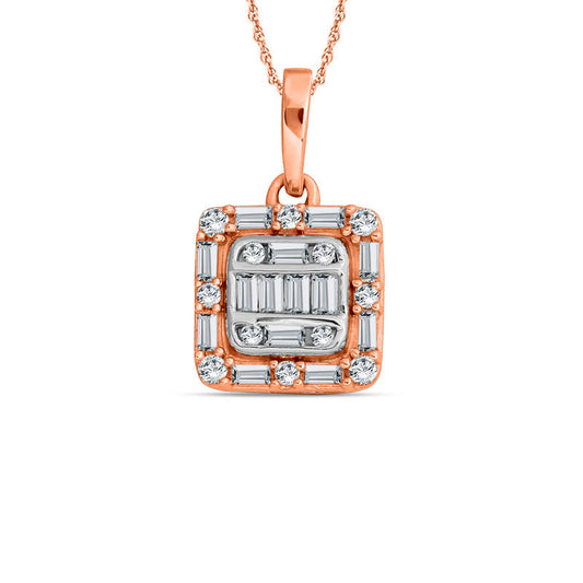 0.25 CT. T.W. Baguette and Round Natural Diamond Cushion Frame Pendant in 10K Rose Gold