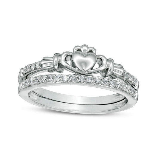 0.20 CT. T.W. Natural Diamond Claddagh Bridal Engagement Ring Set in Solid 10K White Gold