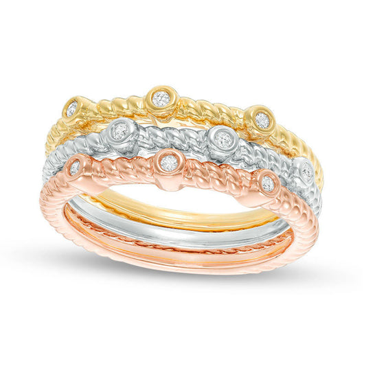 0.10 CT. T.W. Natural Diamond Rope-Textured Three Piece Stackable Band Set in Sterling Silver with Solid 14K Two-Tone Gold Plate