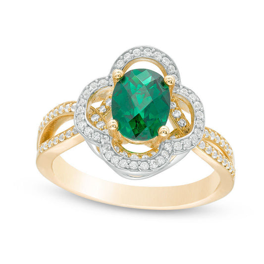 Oval Lab-Created Emerald and White Sapphire Clover Frame Twist Ring in Sterling Silver with Solid 14K Gold Plate